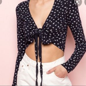 Brandy Melville Black Floral Tie-Front Long Sleeve Top